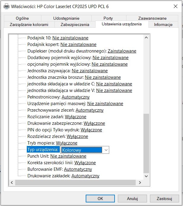 typ urzadzenia zmiana na kolor