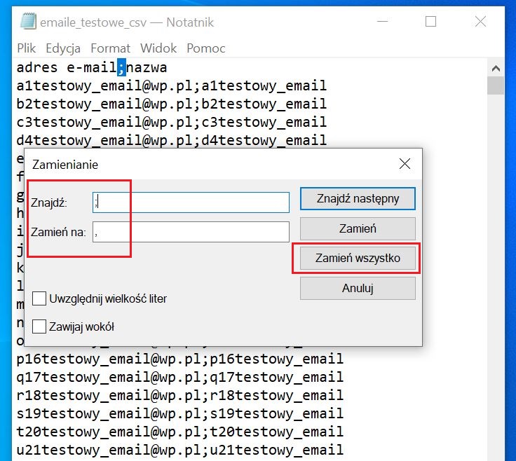 emaile zmiana separatora
