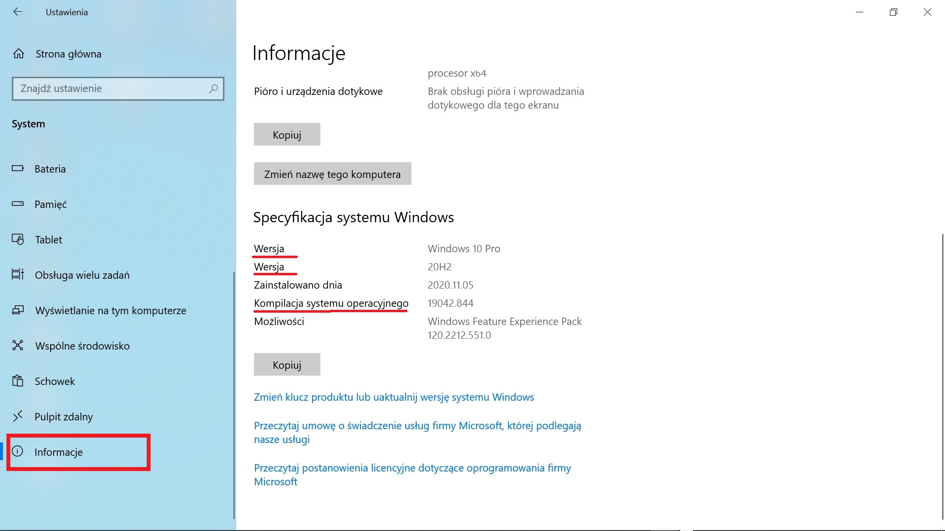 Specyfikacja systemu windows red